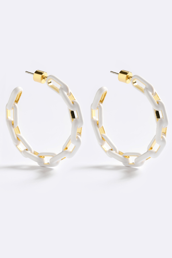 Zip Me Up Hoops White Glo by Emma Pills - silver plated hoop earrings with zip link design and white enamel, perfect for bold styling.