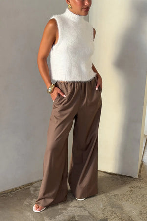 Zoe Relaxed Suit Pant Taupe by Sneaky Link – a wide-leg pant with ruched waistband and soft drape. Perfect for elevated styling.