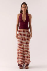 Alora Top Plum by Sovere – a stretch mesh halter with soft gathers and an adjustable back tie. Perfect for day-to-night styling.
