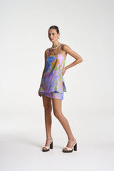 SHIFT TUNIC TOP – BANANAS by Summi Summi, printed cupro-rayon tunic with side slits and adjustable straps. Perfect for resort styling.