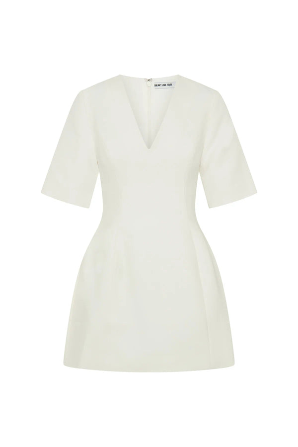 White Bobbie V Neck mini dress with short sleeves and a fitted silhouette.
