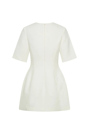 White Bobbie V Neck mini dress with short sleeves and a fitted silhouette.