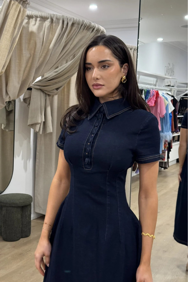Dark blue cotton mix denim midi dress with a collared neckline and button-down front.