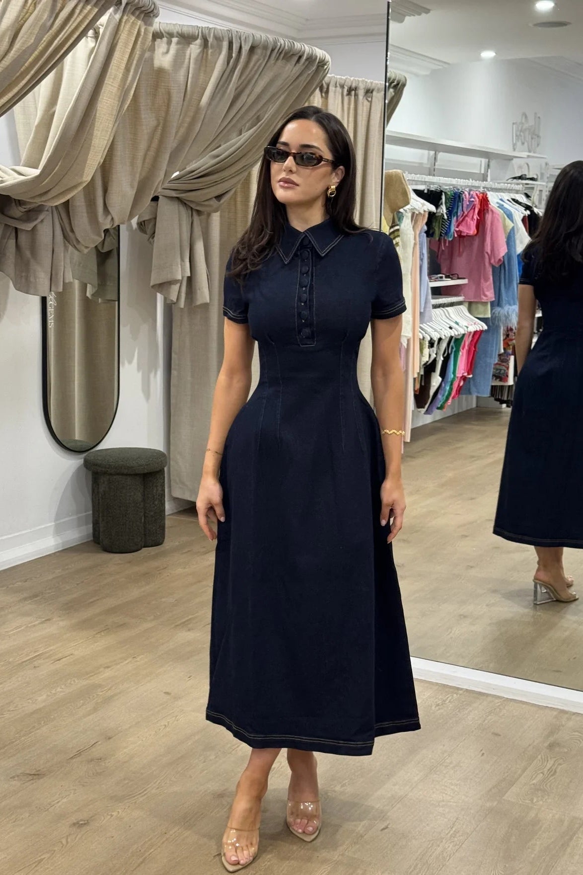 midi dress for girls Cotton Mix Denim Collared Midi Dress Dark Blue — Midi Dresses