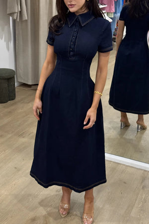 Dark blue cotton mix denim midi dress with a collared neckline and button-down front.