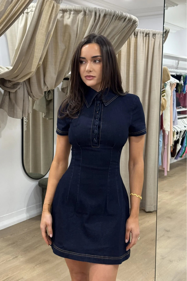 Dark blue cotton mix denim mini dress with a collared neckline and short sleeves.