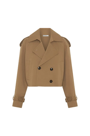 Tan cropped trench jacket with double-breasted buttons and a belted waist, styled on a mannequin.