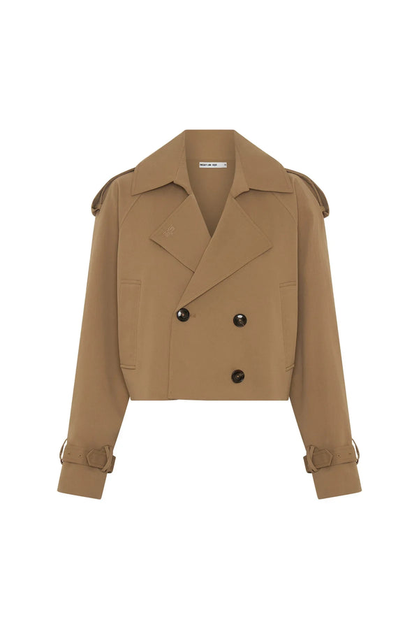 Tan cropped trench jacket with double-breasted buttons and a belted waist, styled on a mannequin.