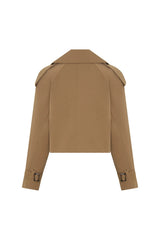 Tan cropped trench jacket with double-breasted buttons and a belted waist, styled on a mannequin.