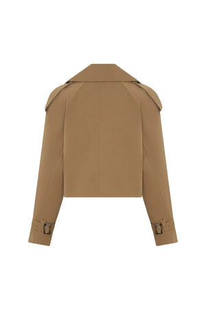 Tan cropped trench jacket with double-breasted buttons and a belted waist, styled on a mannequin.