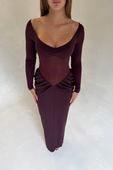 Enzo Maxi Dress Grape by Benni - off shoulder maxi dress with sheer waist and draped skirt, designed for a sculpted elegant silhouette.