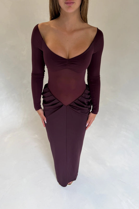 Enzo Maxi Dress Grape by Benni - off shoulder maxi dress with sheer waist and draped skirt, designed for a sculpted elegant silhouette.