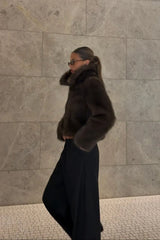 Brown Ella Squire faux fur jacket with a soft, plush texture and a relaxed fit.