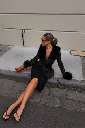 Black Ella Squire lace top with fur trim along the neckline and sleeves.