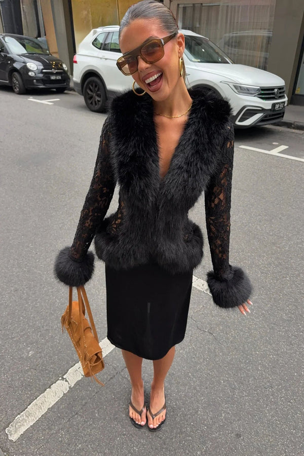 Black Ella Squire lace top with fur trim along the neckline and sleeves.