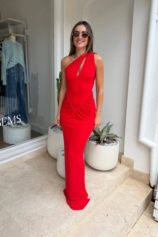 Atlas Gown in Rio by Effie Kats – a one-shoulder stretch jersey gown with bust cut-out, ruched open back, and floor-length drape for modern elegance.
