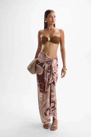 Long Scarf Deco Mocha by Cin Cin, satin resort scarf in mocha tones, perfect as a chic beach or poolside wrap