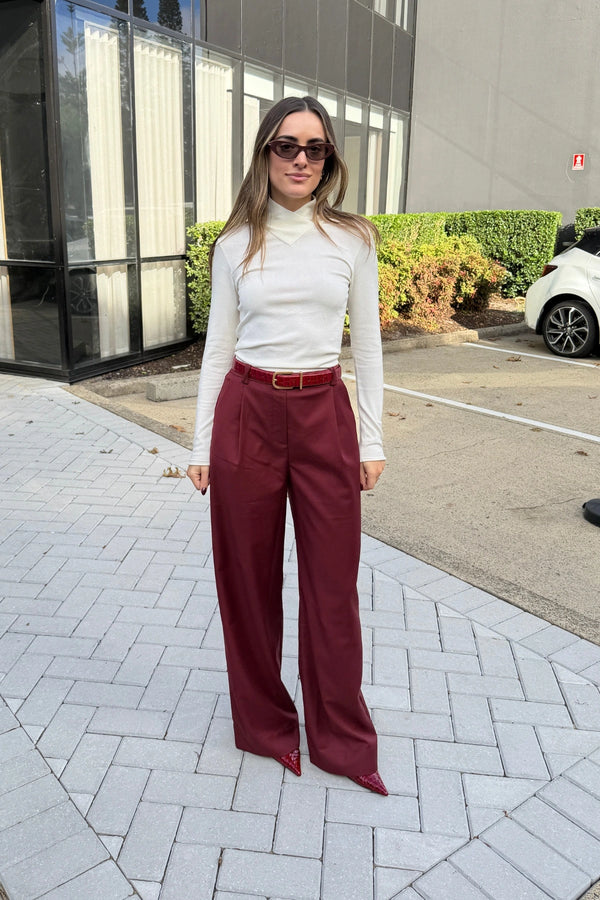 Alexa Tailored Suit Pant Burgundy by Sneaky Link, wide leg tailored pants for polished office or evening looks