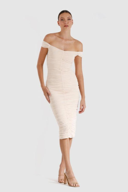 New Horizon Tapered Midi Dove by Pasduchas – A chic off-shoulder midi in delicate dove stretch mesh with ruched detailing, perfect for stylish daytime or evening events.