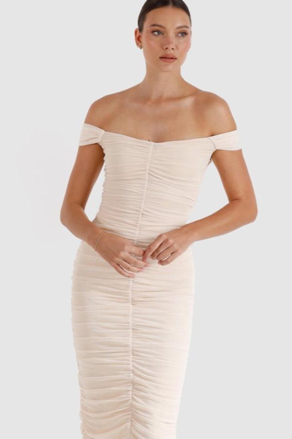 New Horizon Tapered Midi Dove by Pasduchas – A chic off-shoulder midi in delicate dove stretch mesh with ruched detailing, perfect for stylish daytime or evening events.