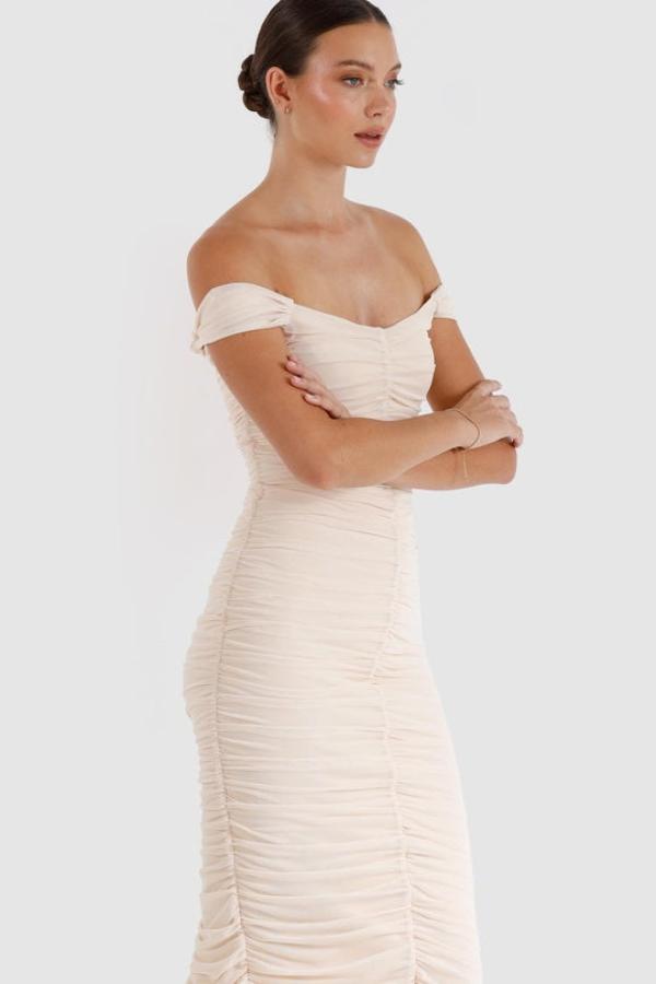 New Horizon Tapered Midi Dove by Pasduchas – A chic off-shoulder midi in delicate dove stretch mesh with ruched detailing, perfect for stylish daytime or evening events.