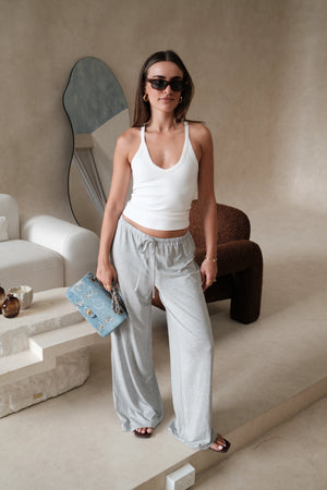 Grey Hunter Pant displayed flat, showing a straight-leg fit with front pockets and a button closure.