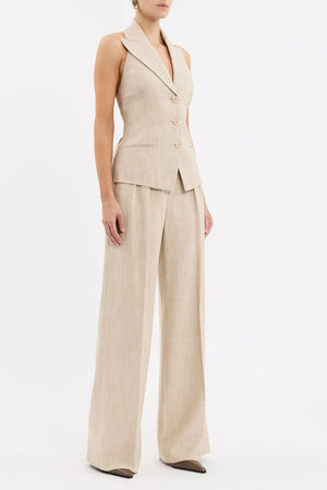 Rebecca Vallance Andy Pant in beige two-tone linen with wide-leg silhouette, high waist, pressed creases and tailored fit.