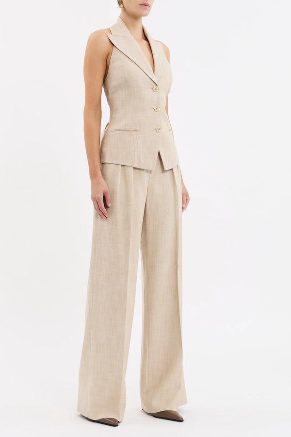 Rebecca Vallance Andy Pant in beige two-tone linen with wide-leg silhouette, high waist, pressed creases and tailored fit.