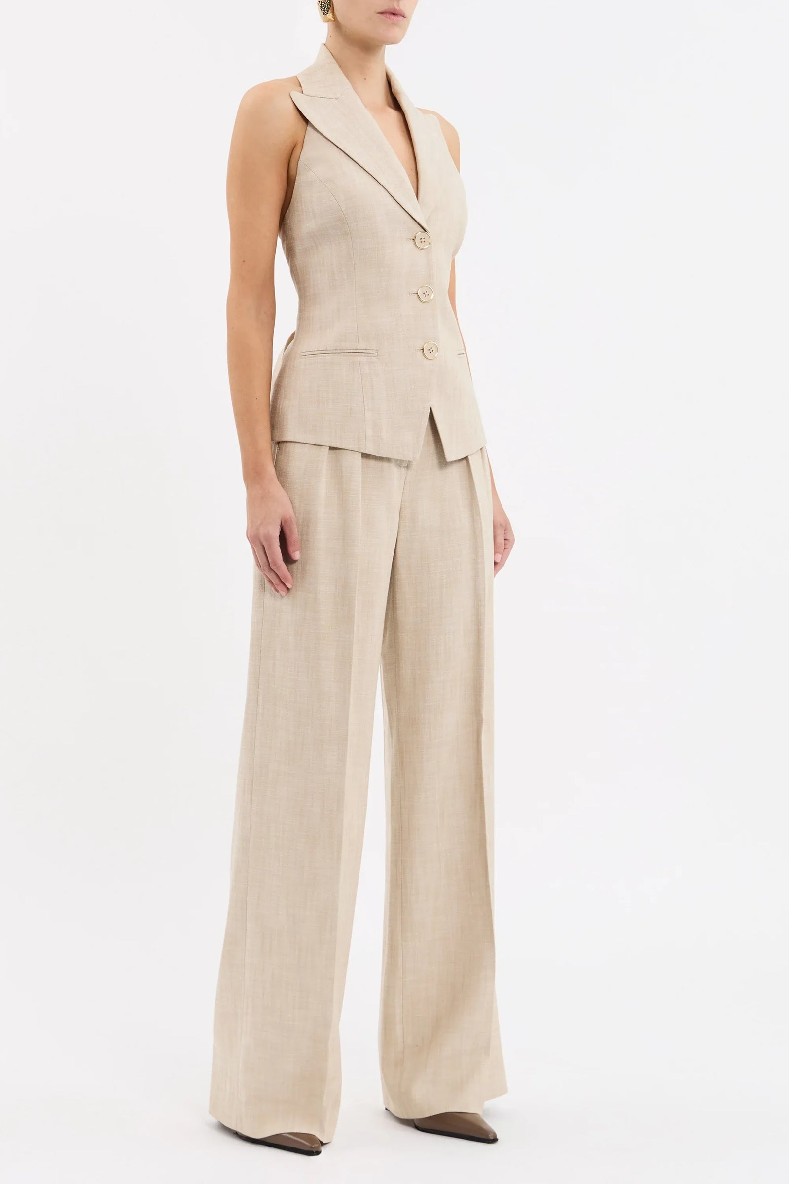 Rebecca Vallance Andy Pant in beige two-tone linen with wide-leg silhouette, high waist, pressed creases and tailored fit.