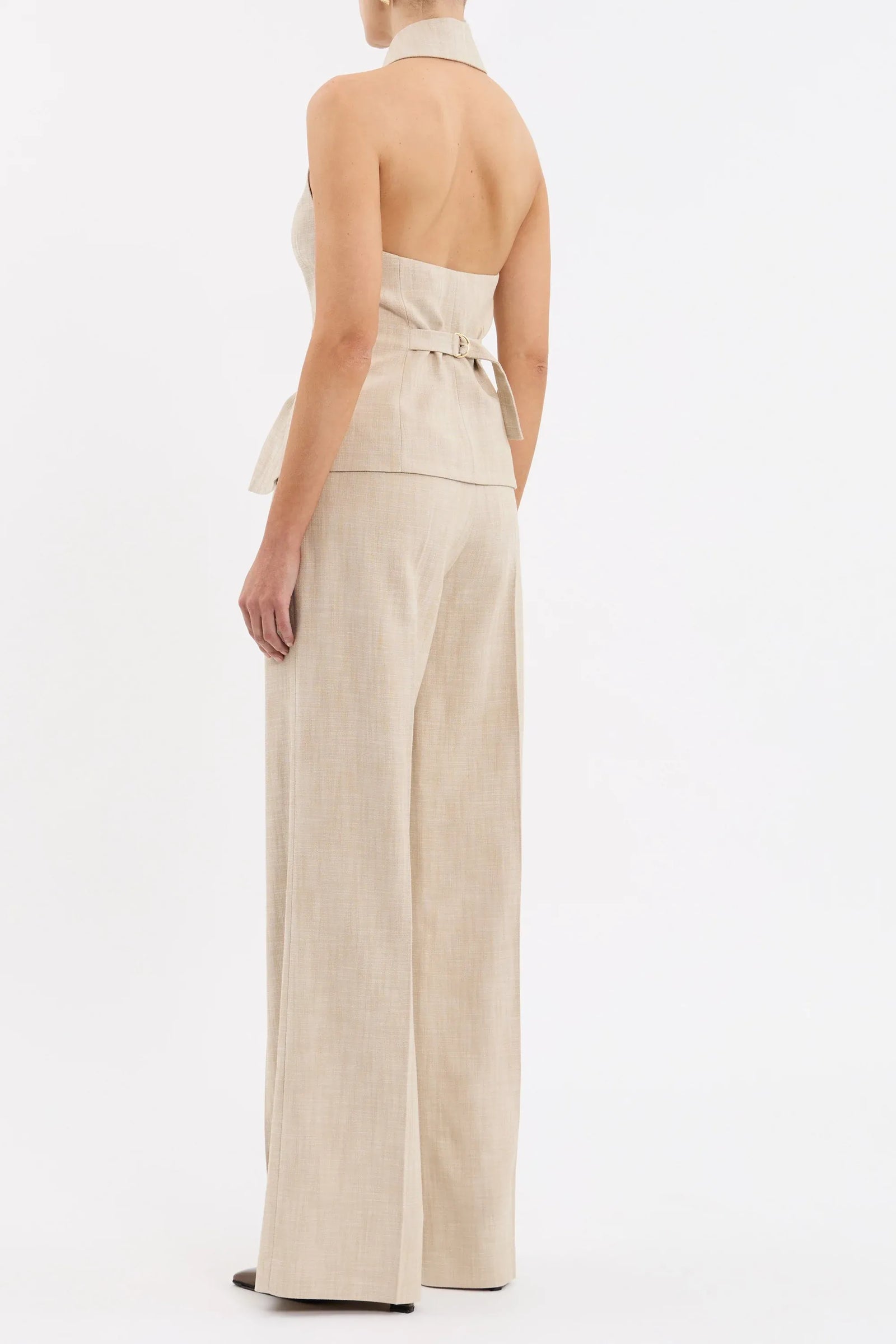 Rebecca Vallance Andy Pant in beige two-tone linen with wide-leg silhouette, high waist, pressed creases and tailored fit.