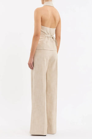 Rebecca Vallance Andy Vest in beige two-tone linen with halter neckline, peak lapel and tailored fit, styled for modern sophistication.