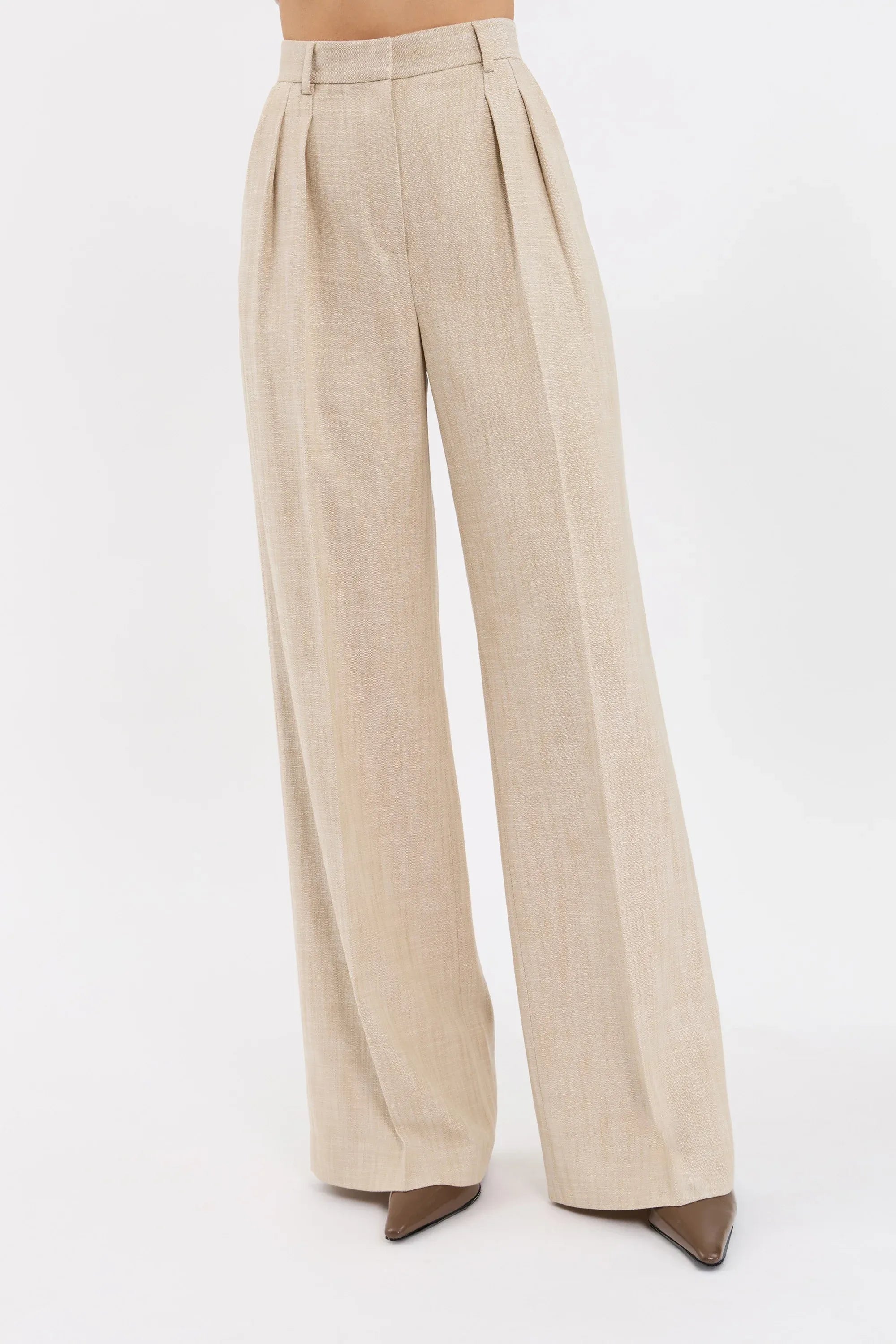 Rebecca Vallance Andy Pant in beige two-tone linen with wide-leg silhouette, high waist, pressed creases and tailored fit.