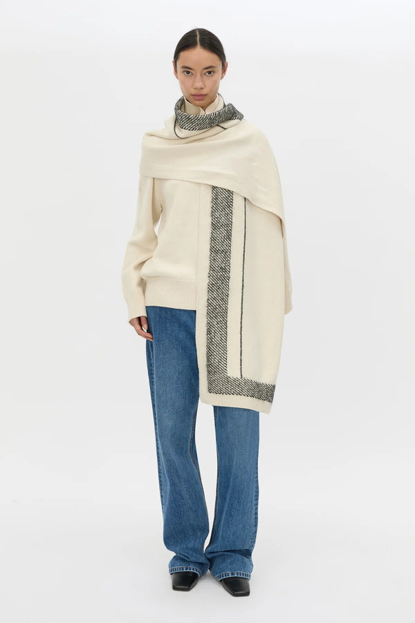 Tusk Knit Stripe Scarf Cream Black by camilla and marc – merino wool knit scarf with contrast jacquard stripe design.