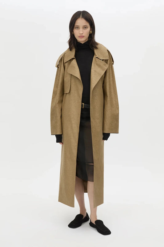 Ember Trench Coat by Camilla and Marc, an oversized camel trench with contrast undercollar, waist belt and refined tailoring details.