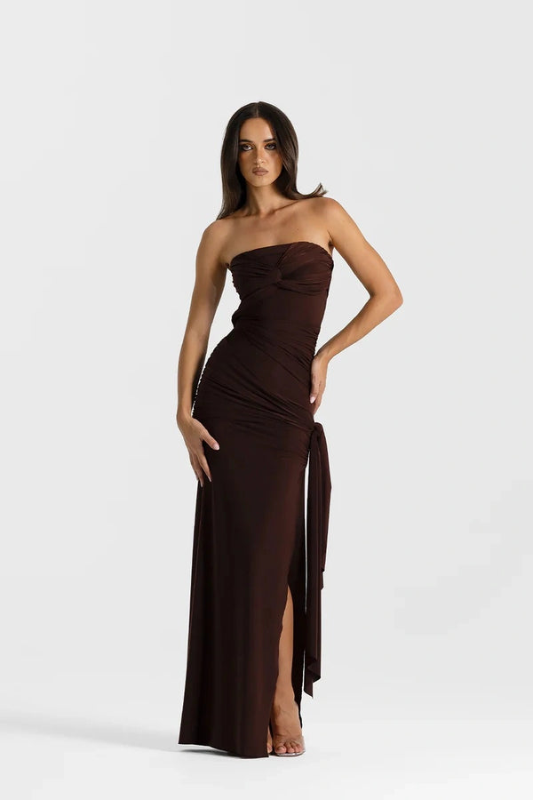 Miranda Gown Espresso by Natalie Rolt, strapless ruched gown with split, perfect for formal events and evening styling