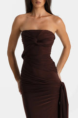 Miranda Gown Espresso by Natalie Rolt, strapless ruched gown with split, perfect for formal events and evening styling