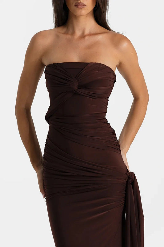 Miranda Gown Espresso by Natalie Rolt, strapless ruched gown with split, perfect for formal events and evening styling