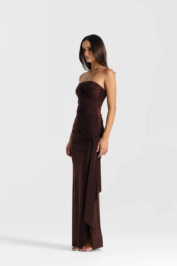 Miranda Gown Espresso by Natalie Rolt, strapless ruched gown with split, perfect for formal events and evening styling