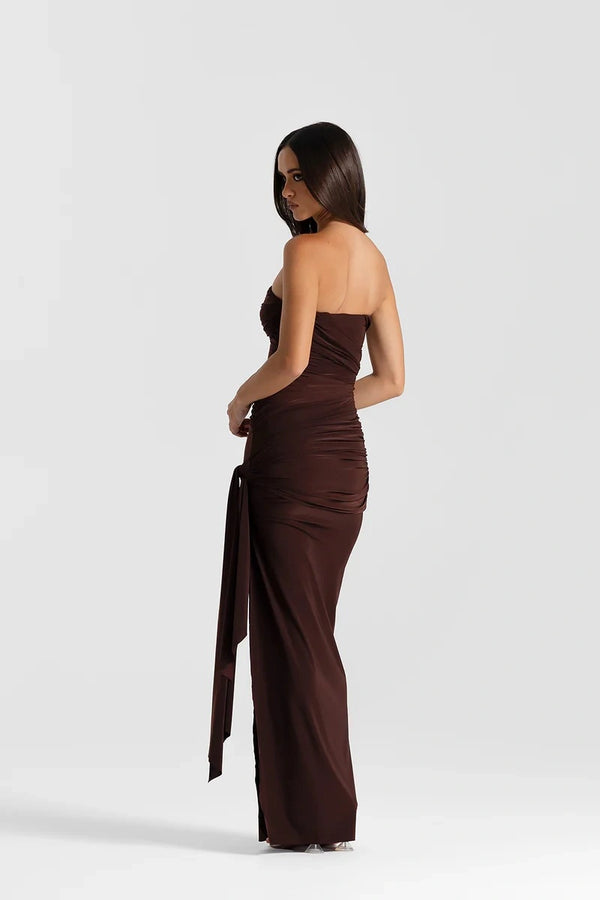 Miranda Gown Espresso by Natalie Rolt, strapless ruched gown with split, perfect for formal events and evening styling