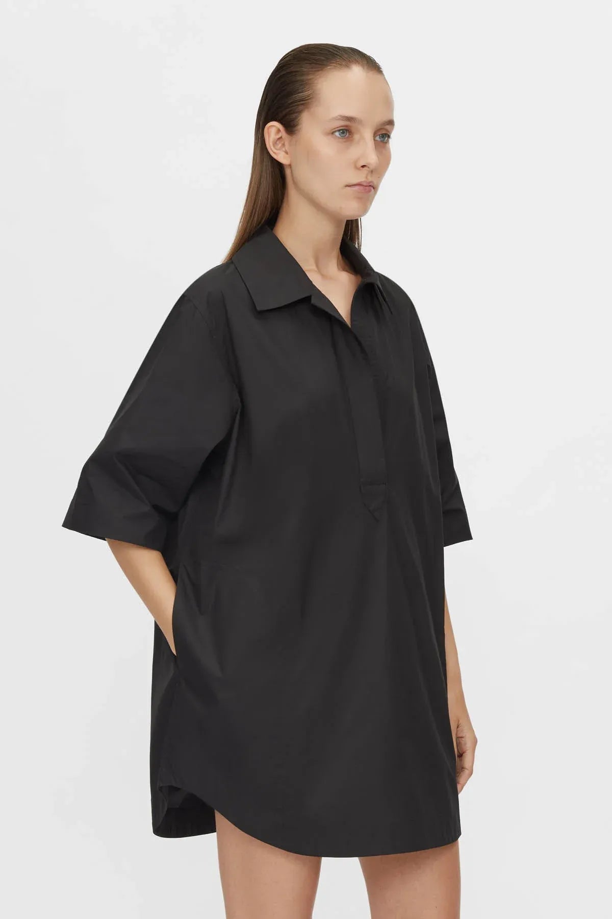 Cumulus Shirt Dress by Camilla and Marc in black, relaxed cotton shift dress with short sleeves, collar and curved hem.