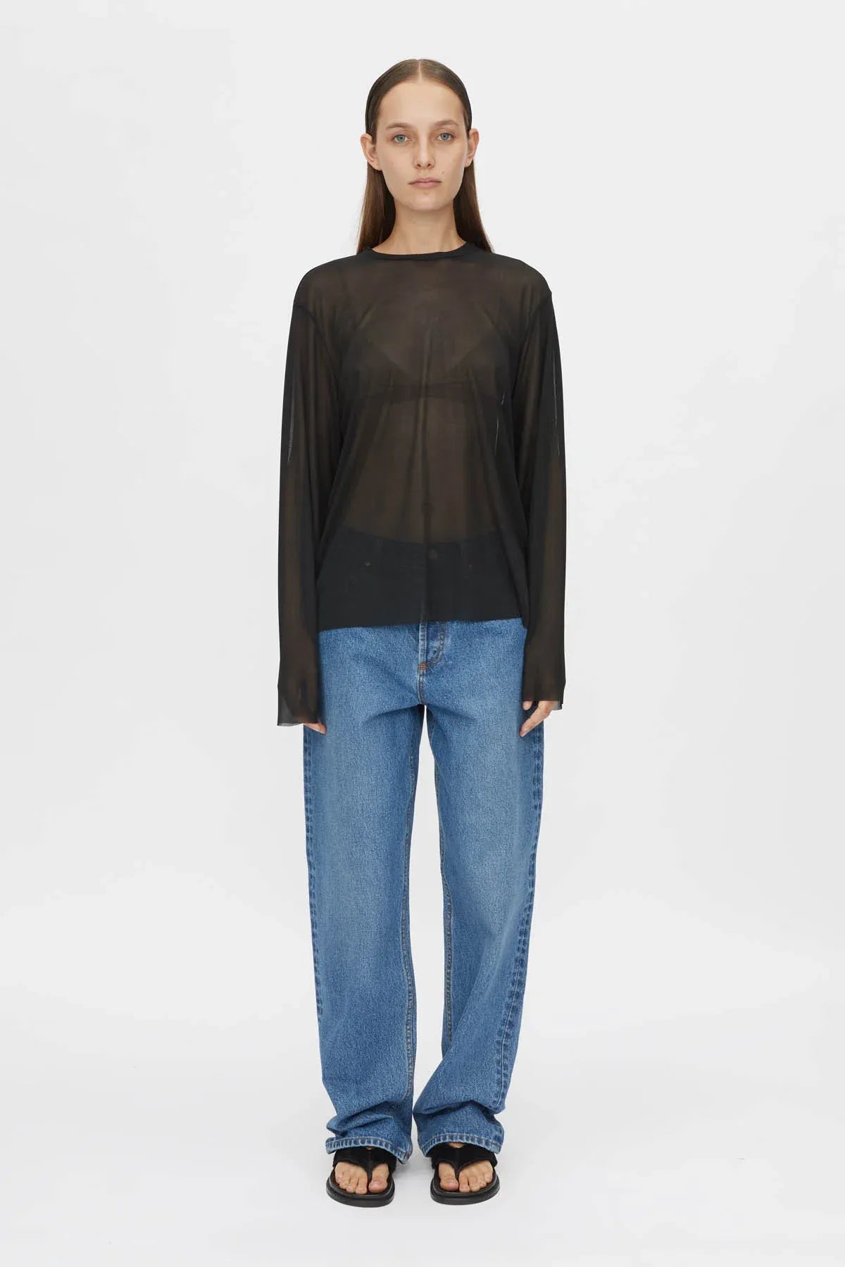 Marie Long Sleeve Top by Camilla and Marc in black, sheer relaxed fit with raw edges and subtle stitch detailing.