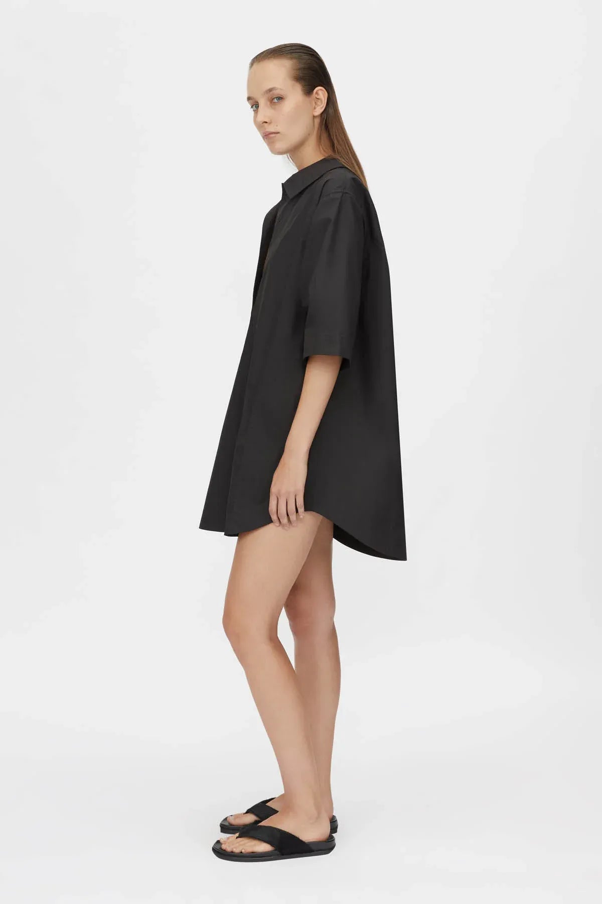 Cumulus Shirt Dress by Camilla and Marc in black, relaxed cotton shift dress with short sleeves, collar and curved hem.