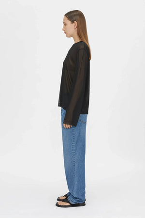 Marie Long Sleeve Top by Camilla and Marc in black, sheer relaxed fit with raw edges and subtle stitch detailing.