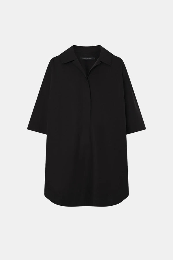 Cumulus Shirt Dress by Camilla and Marc in black, relaxed cotton shift dress with short sleeves, collar and curved hem.