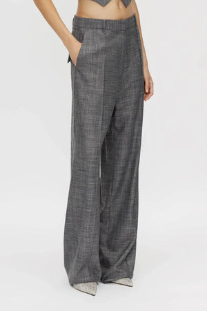 Zazu Pant by Camilla and Marc in charcoal marle, mid-rise wool blend with dropped crotch and bow-leg silhouette.