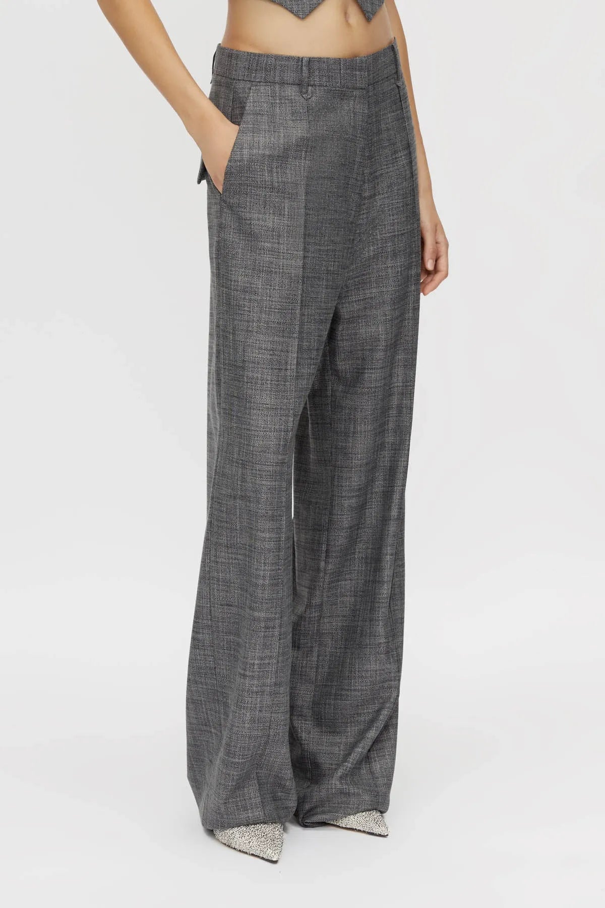 Zazu Pant by Camilla and Marc in charcoal marle, mid-rise wool blend with dropped crotch and bow-leg silhouette.