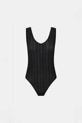 Pieta Bodysuit by Camilla and Marc – a black lace scoop bodysuit with soft jersey lining and snap closure, perfect for sleek layered looks.