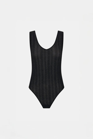 Pieta Bodysuit by Camilla and Marc – a black lace scoop bodysuit with soft jersey lining and snap closure, perfect for sleek layered looks.