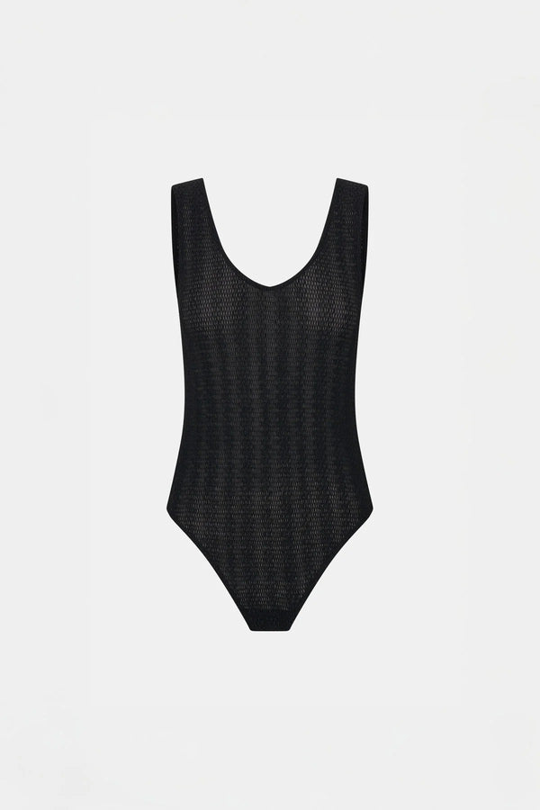 Pieta Bodysuit by Camilla and Marc – a black lace scoop bodysuit with soft jersey lining and snap closure, perfect for sleek layered looks.