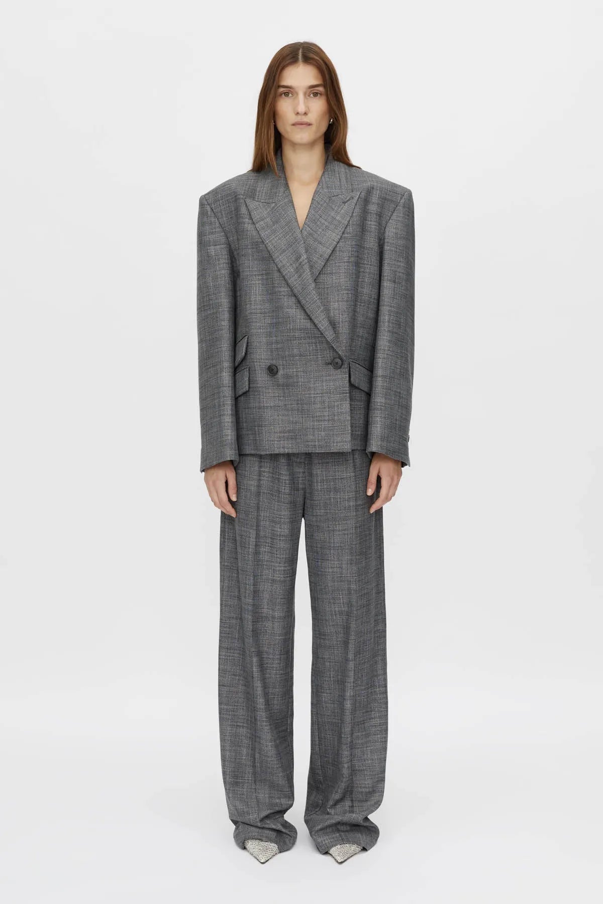 Zazu Pant by Camilla and Marc in charcoal marle, mid-rise wool blend with dropped crotch and bow-leg silhouette.